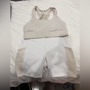 Fabletics Beige and White Sports Bra and Shorts Set